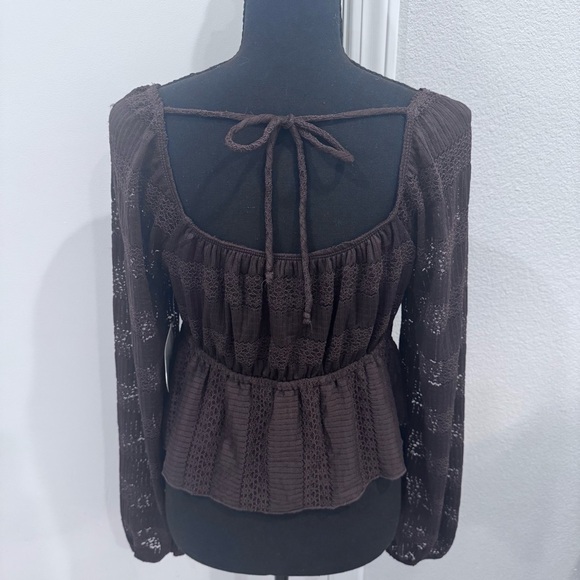 La Peche Cropped Fairy Baby Doll Top Large Brown Lace Long Sleeves whimsigoth - Picture 2 of 6